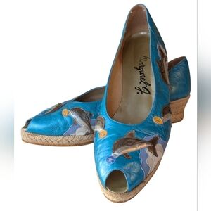 Vintage 1980s Margaret J Multi Pattern Peep Toe Flats Dolphin Motif Sz10